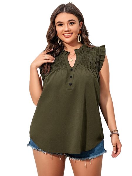 

plus solid shirred frill trim button front notched neck blouse x9ev#, Black