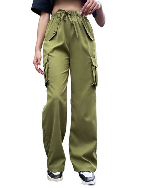 

tie waist flap pocket cargo pants 02n0#, Black;white