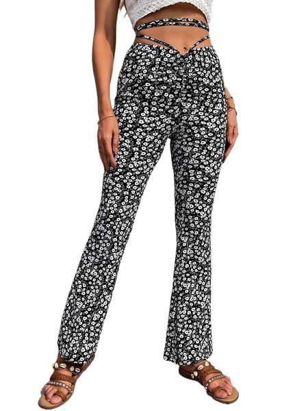

ditsy floral tie back flare leg pants f5ra#, Black;white