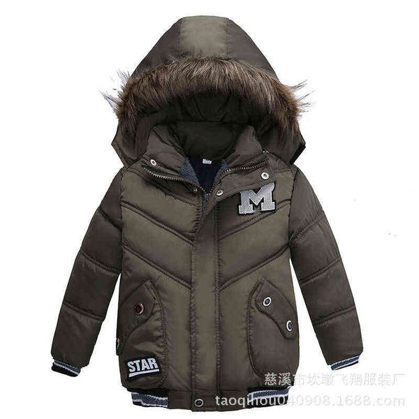 

2021 new winter keep warm boys coat thick fur collar letter hooded windbreaker outerwear for kids children heavy jackets j220718, Blue;gray