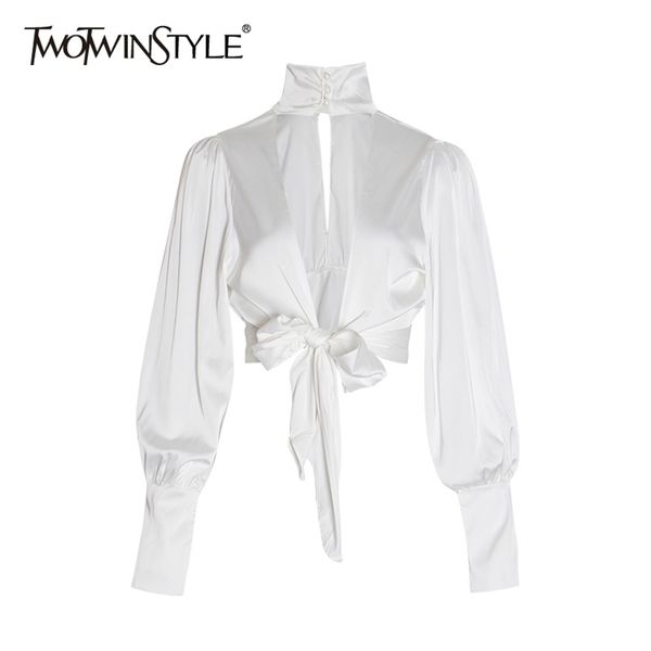 

twotwinstyle backless women's shirts turtleneck lantern long sleeve bowknot party blouse female summer fashion 210326, White