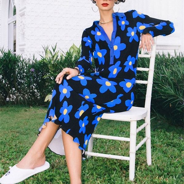 

ootn vintage french style floral print women dress summer chic color stretch bodycon pleated dress lapel elegant midi robe femme 220511, Black;gray