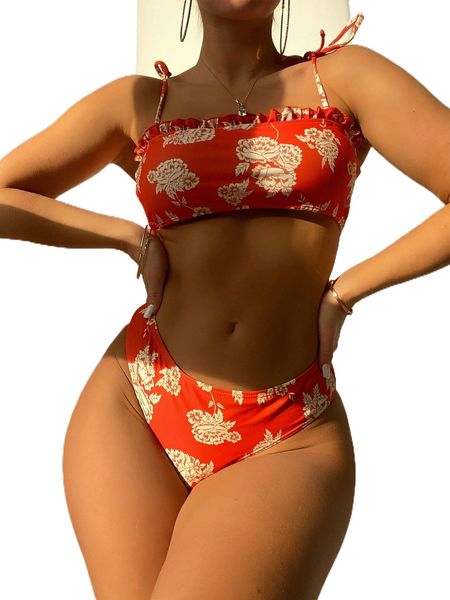 

floral frill trim tie shoulder bikini swimsuit x9xo#, White;black