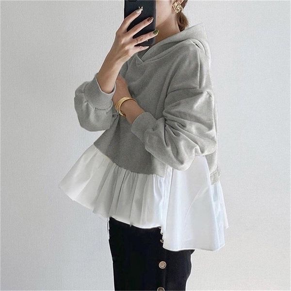 

ruffled patchwork hooded women hoodies autumn long sleeve thicken female sweatshirts korean streetwear casual lady pullover 201210, Black