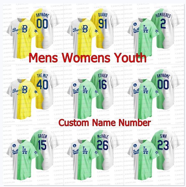 

dodgers 2022 all-star celebrity softball game split jersey bad bunny quavo andre ethier cranston simu liu joel mchale jojo siwa shawn green, Blue;black
