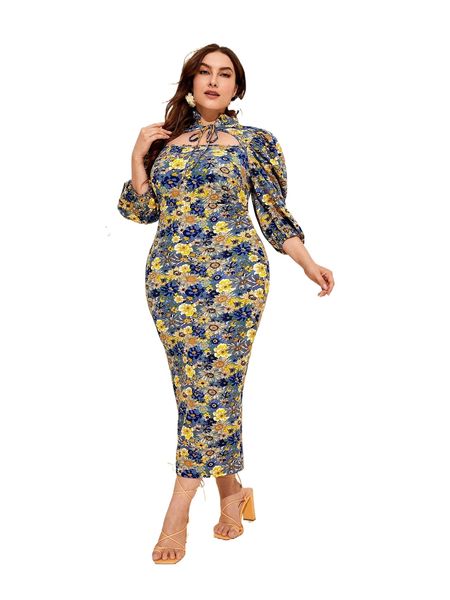 

plus floral print tie neck puff sleeve split back dress r9ij#, Black