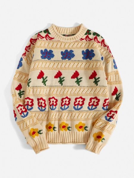 

pointelle knit floral pattern sweater 040i#, White;black