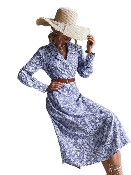 

floral print notched collar lantern sleeve dress without belt h9ew#, Black;gray