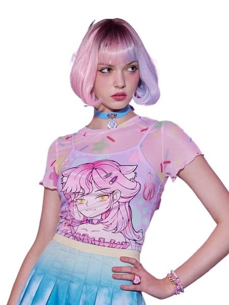 

romwe anime all over print mesh & cartoon graphic cami o3zq#, White