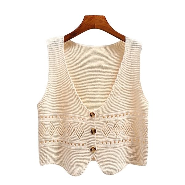 

korean fashion v neck loose sleeveless sweater vest women knitted hollow out single breasted short cardigan female kniwear l220812, Black;white