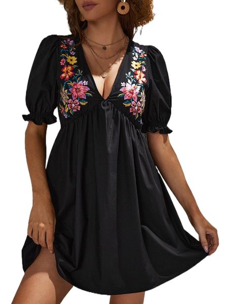 

floral print puff sleeve smock dress u7si#, Black;gray