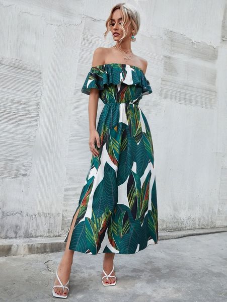

ruffle off shoulder tropical print dress r1ep#, Black;gray