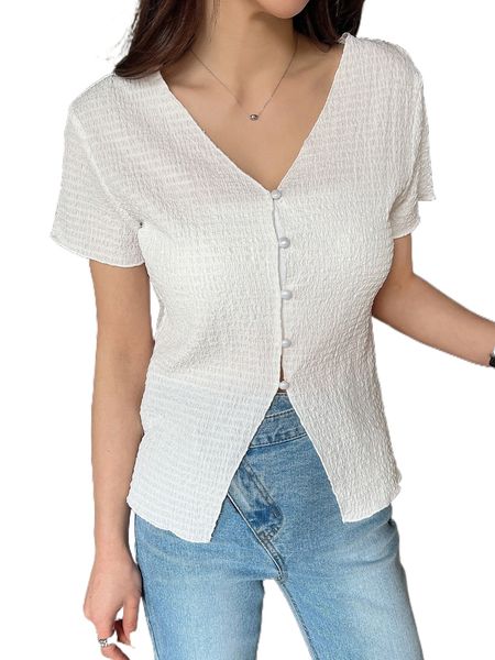 

dazy textured solid button front blouse d2nn#, White