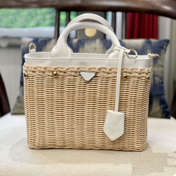 

tan/white wicker and canvas tote bag