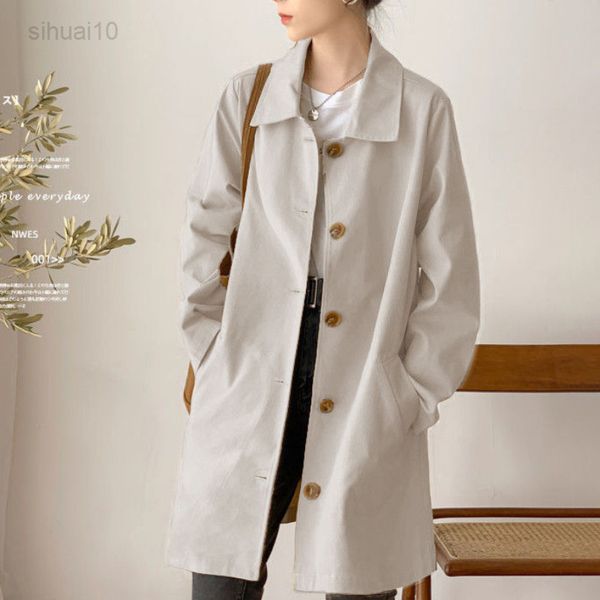 

spring and autumn medium and long women's trench coat korean version loose simple dent ins tide wild fashion windbreaker miss l220725, Tan;black