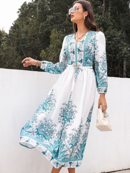 

floral & paisley print puff sleeve dress without belt 99tu#, Black;gray