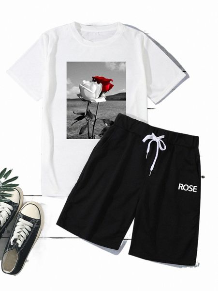 

men floral print tee & letter graphic shorts 714i#, Gray