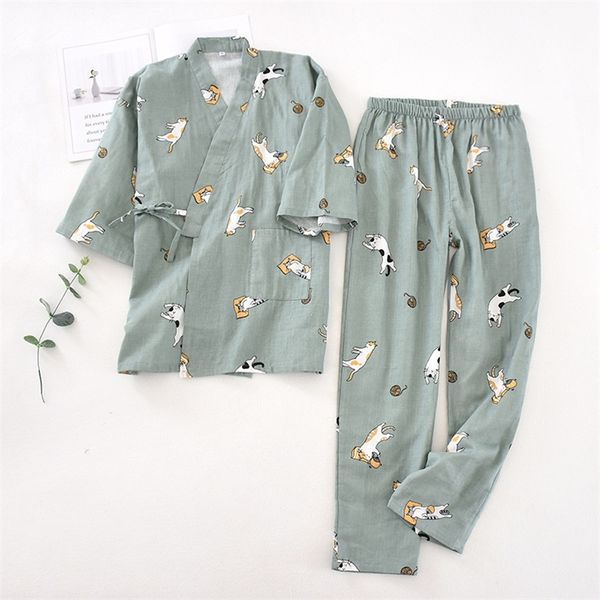 Siebenärmliges Kimono-Pyjama-Set im japanischen Stil für Damen, Frühling und Herbst, 100 % Baumwollgaze, Heimkleidung, süß, süß, zweiteilig, 220421
