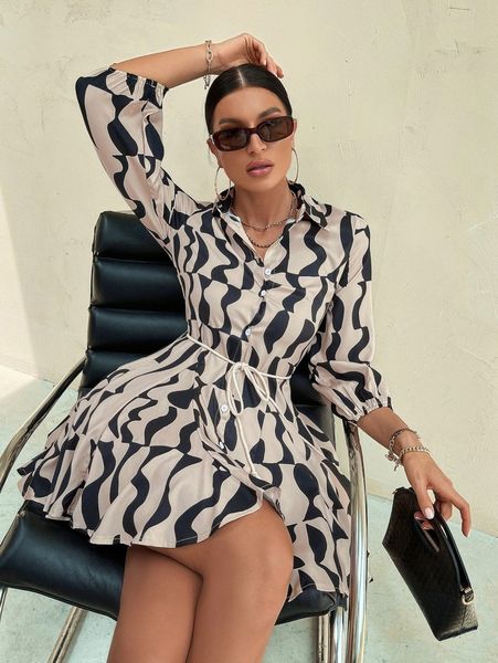 

allover print belted shirt dress 84c9#, Black;gray