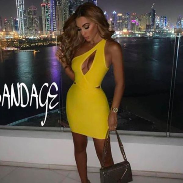 

one shoulder bandage bodycon dress keyhole sheath hollow out party mini short dress yellow 210414, Black;gray
