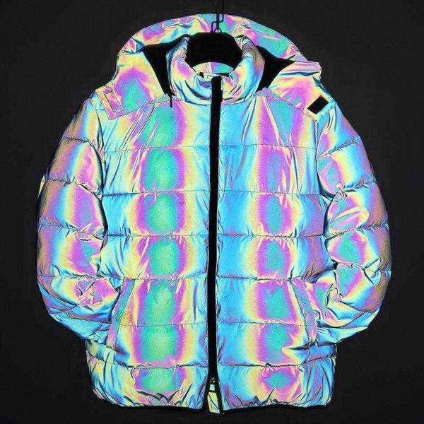 

men's down parkas winter jacket men thick rainbow reflective jackets parka coat fashion young hip hop loose streetwear outwear clothes, Black