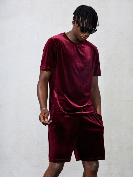 

men velvet tee & drawstring waist shorts o8in#, Gray