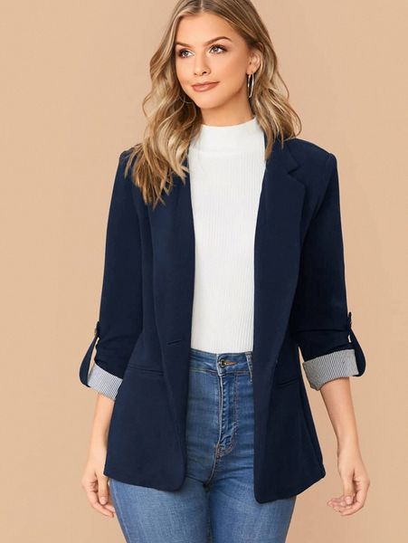 

notched collar roll tab sleeve blazer u9tr#, White