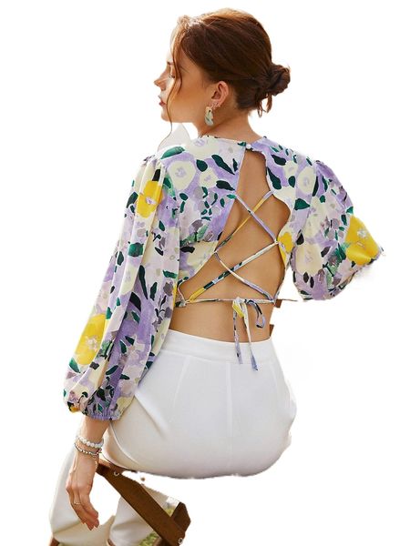 

floral print lace up open back bishop sleeve crop blouse n7fc#, White