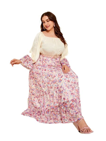 

plus floral print flounce sleeve dress without belt o1f8#, Black