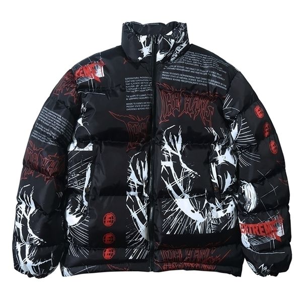 

down jacket japanese cartoon graffiti print men thick parka winter warm padded jacket coats harajuku windbreaker streetwear 201127, Black