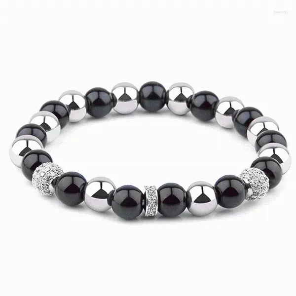 Perlenstränge Herren-Armbänder, 8 mm, polierte Onyx-Perlen, Armreif, handgefertigt, Stretch-Schmuck, natürlicher Hämatit-Stein, Damen-CZ-Charme, Handwerk, Fawn22