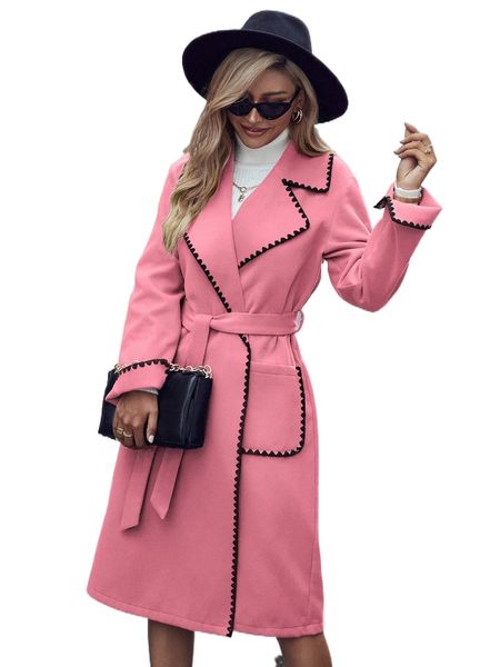 

lapel neck binding belted overcoat v84v#, Black