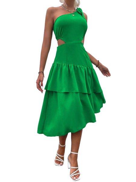 

knot one shoulder cut out ruffle trim dress c6tm#, Black;gray