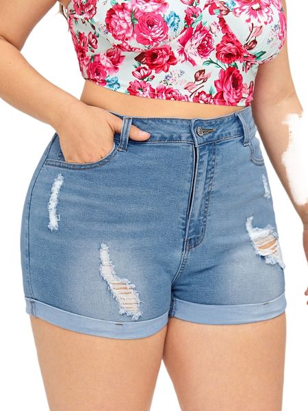 

plus high waist ripped roll hem denim shorts n1lc#, White;black