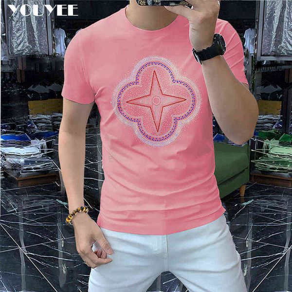 Camiseta masculina 2022 verão nova marca de moda designer quente diamante camisetas de manga curta masculina dominadora rosa panor de roupa verde y220630