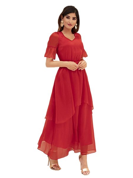 

modely flounce sleeve two layer hem organza dress q1g6#, Black;gray