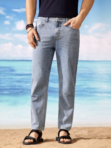 

men washed straight leg jeans a0ys#, Blue