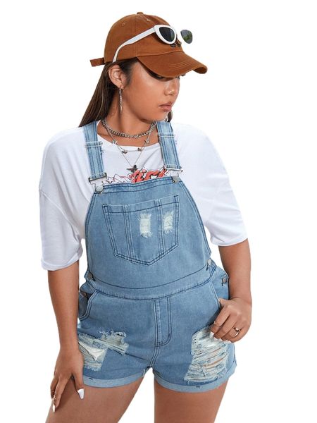 

plus ripped roll up hem denim overall without tee x3jq#, Black;white