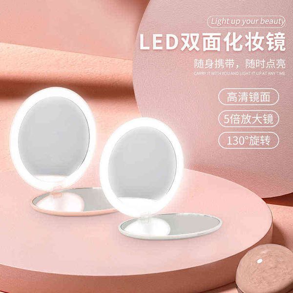 

factory outlet hand held led vanity mirror portable small with light 5x magnifying double-sided fill folding