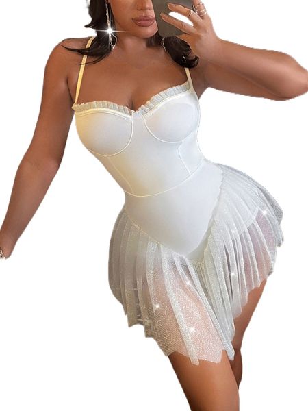 

sxy contrast mesh frilled crisscross back bustier cami dress i9ww#, Black;gray