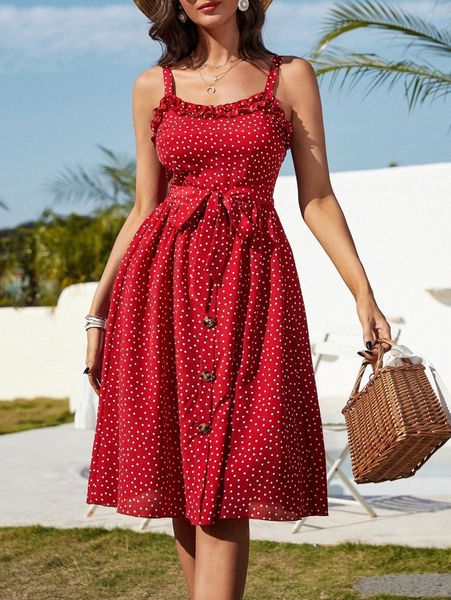 

polka dot frill trim belted dress l3gq#, Black;gray