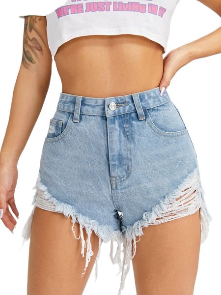 

high waist ripped raw hem denim shorts q7gb#, White;black