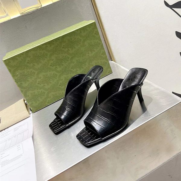 

designer womens sandals womens slide crystal calfskin casual shoes high heels summer beach slippers 35-41, Black