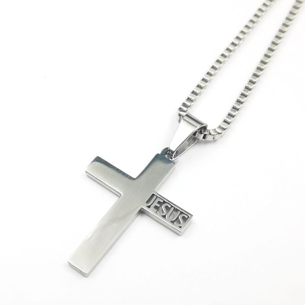 Полированное серебро Иисус Христос крест подвесной ожерелье для женщин Мужские мальчики из нержавеющей стали цепь ящик 2,4 мм 24 ''