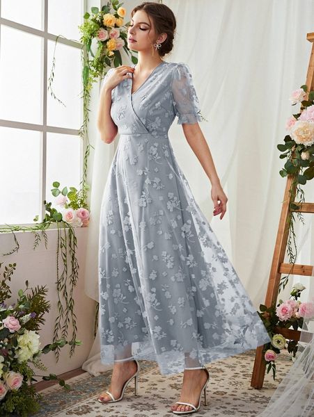 

floral mesh panel surplice neck puff sleeve dress m5zw#, Black;gray