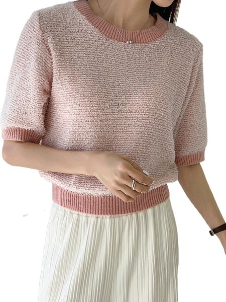 

dazy contrast trim puff sleeve knit t0ia#, White;black