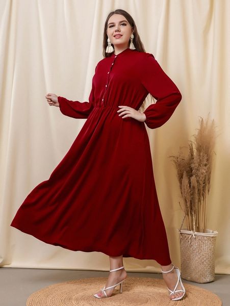 

plus lantern sleeve half button dress g1cq#, Black