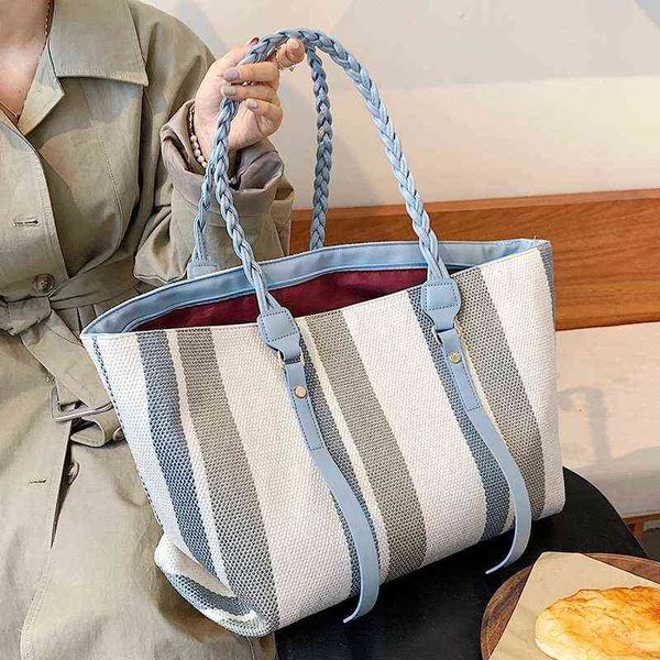 

high capacity big stripe handbag purses weave handle for women 2021 winter fashion trends brand female travel shoulder bag g220509