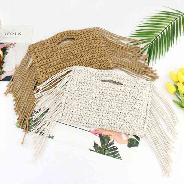 

evening bags tassels hand held made women straw cotton rope woven fringe women s bag lady summer beach purses 220516