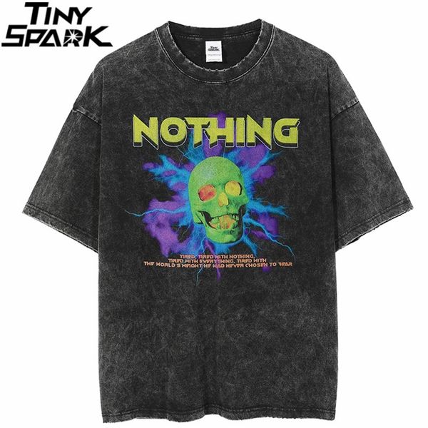

hip hop washed tshirt streetwear lightning skull printed t shirt men harajuku cotton casual tshirt summer short sleeve 220608, White;black